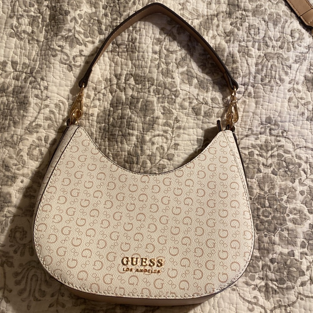 Guess White and Tan Bag with Gold Accent Monogram Design